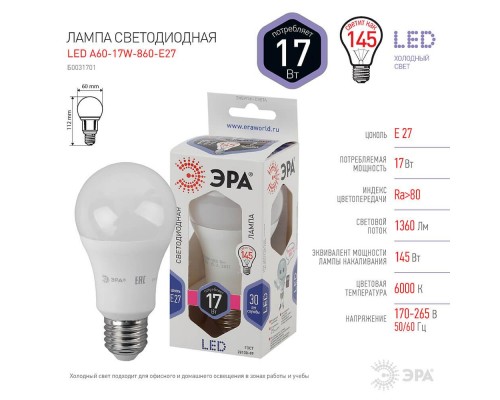 Лампа светодиодная ЭРА E27 17W 6000K матовая LED A60-17W-860-E27 Б0031701