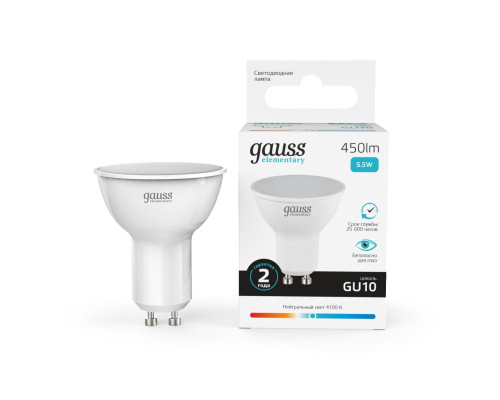 Лампа светодиодная Gauss GU10 5.5W 4100K матовая 13626 Лампа светодиодная Gauss GU10 5.5W 4100K матовая 13626