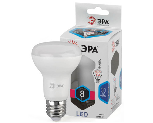 Лампа светодиодная ЭРА E27 8W 4000K матовая LED R63-8W-840-E27 Б0028490
