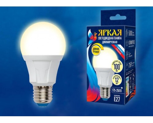 Лампа светодиодная диммируемая Uniel E27 12W 3000K матовая LED-A60 12W/3000K/E27/FR/DIM PLP01WH UL-00004290 Лампа светодиодная диммируемая Uniel E27 12W 3000K матовая LED-A60 12W/3000K/E27/FR/DIM PLP01WH UL-00004290