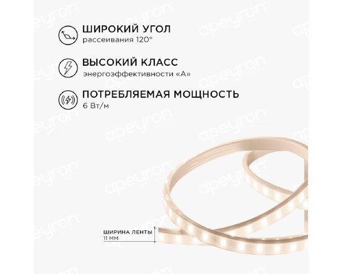 Светодиодная влагозащищенная лента Apeyron 6W/m 60LED/m 3528SMD теплый белый 5M 10-58 Светодиодная влагозащищенная лента Apeyron 6W/m 60LED/m 3528SMD теплый белый 5M 10-58