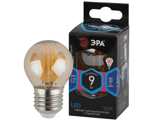 Лампа светодиодная филаментная ЭРА E27 9W 4000K золотая F-LED P45-9w-840-E27 gold Б0047031