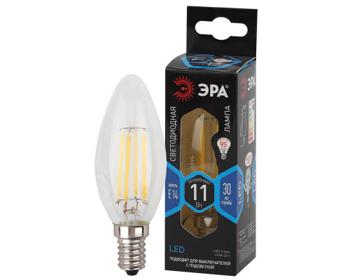 Лампа светодиодная филаментная ЭРА E14 11W 4000K прозрачная F-LED B35-11w-840-E14 Б0046987