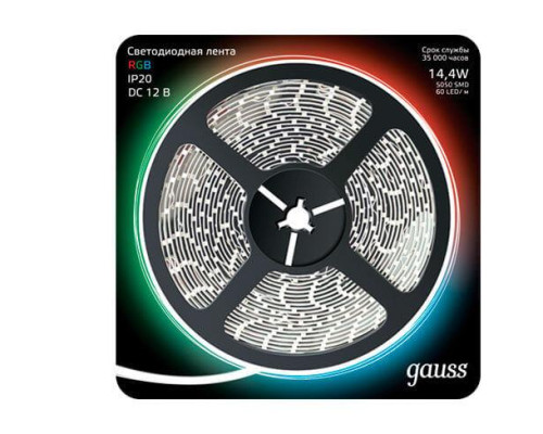 Светодиодная лента Gauss 14,4W/m 60LED/m 5050SMD RGB 5M 312000414 Светодиодная лента Gauss 14,4W/m 60LED/m 5050SMD RGB 5M 312000414