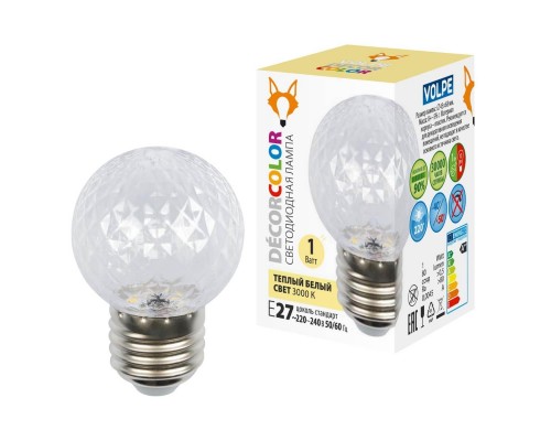 Лампа светодиодная E27 1W 3000K прозрачная LED-D45-1W/3000K/E27/CL/С PINEAPPLE UL-00010064