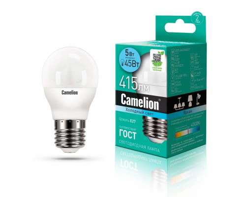 Лампа светодиодная Camelion E27 5W 4500K LED5-G45/845/E27 12030 Лампа светодиодная Camelion E27 5W 4500K LED5-G45/845/E27 12030