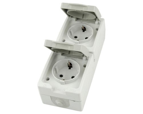 Розетка 2-местная с крышкой с/з STEKKER PST16-22-54V, пластик АВS, 250В, 16А, IP54,  белый/серый 49737
