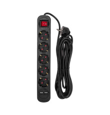 Удлинитель STANDARD 5 гнезд, 5м, 3х1,0мм?, с/з, с выключателем, 2 USB, черный REXANT 13-4042