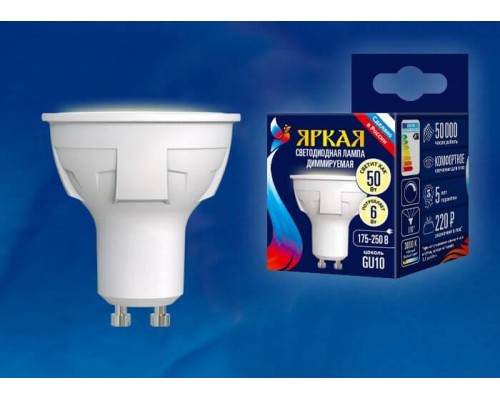 Лампа светодиодная диммируемая Uniel GU10 6W 3000K матовая LED-JCDR 6W/WW/GU10/FR/DIM PLP01WH UL-00003990