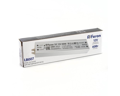 Блок питания для светодиодной ленты Feron LB007 12V 60W IP67 5A 48056