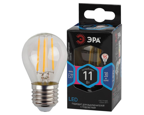 Лампа светодиодная филаментная ЭРА E27 11W 4000K прозрачная F-LED P45-11w-840-E27 Б0047015 Лампа светодиодная филаментная ЭРА E27 11W 4000K прозрачная F-LED P45-11w-840-E27 Б0047015