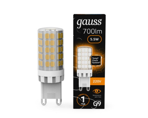 Лампа светодиодная Gauss G9 5,5W 3000К прозрачная 107009106