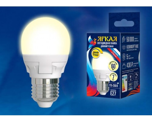 Лампа светодиодная диммируемая Uniel E27 7W 3000K матовая LED-G45 7W/3000K/E27/FR/DIM PLP01WH UL-00004303