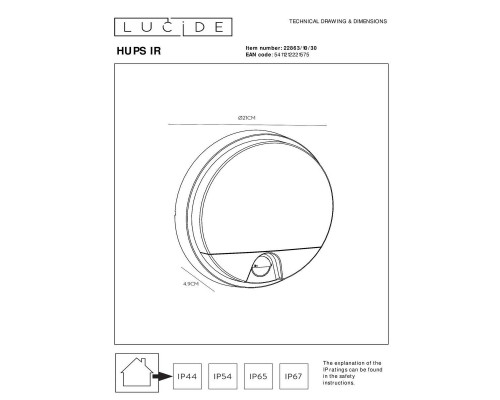 Уличный настенный светодиодный светильник Lucide Hups Ir 22863/10/30