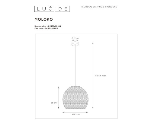 Подвесной светильник Lucide Moloko 03437/60/44 Подвесной светильник Lucide Moloko 03437/60/44