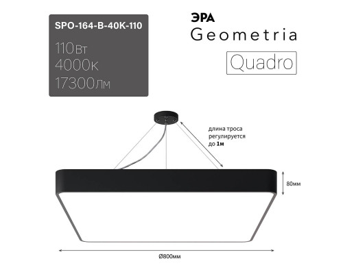 Подвесной светодиодный cветильник Geometria ЭРА Quadro SPO-164-B-40K-110 110Вт 4000К черный Б0050589 Подвесной светодиодный cветильник Geometria ЭРА Quadro SPO-164-B-40K-110 110Вт 4000К черный Б0050589