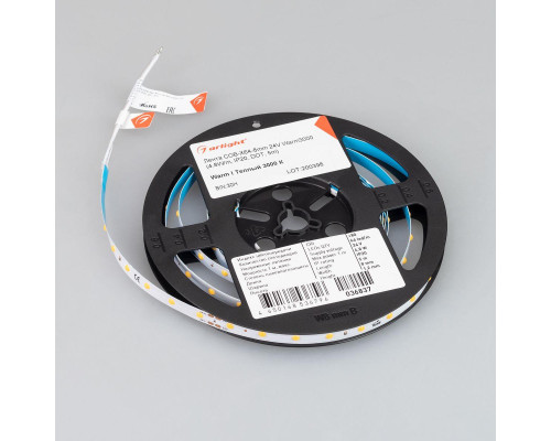Светодиодная лента Arlight 24W/m 64LED/m COB теплый белый 5M COB-X64-8mm 24V Warm3000 036837