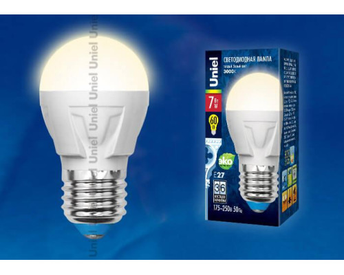 Лампа светодиодная Uniel E27 7W 3000K матовая LED-G45 7W/WW/E27/FR PLP01WH UL-00002420 Лампа светодиодная Uniel E27 7W 3000K матовая LED-G45 7W/WW/E27/FR PLP01WH UL-00002420