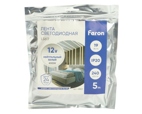 Светодиодная лента Feron 19W/m 240LED/m 2835SMD дневной белый 5М LS617 48827 Светодиодная лента Feron 19W/m 240LED/m 2835SMD дневной белый 5М LS617 48827