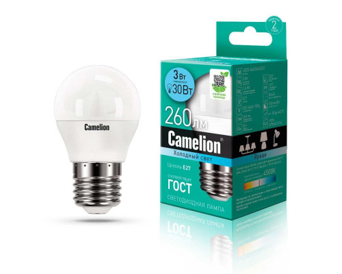 Лампа светодиодная Camelion E27 3W 4500K LED3-G45/845/E27 11376