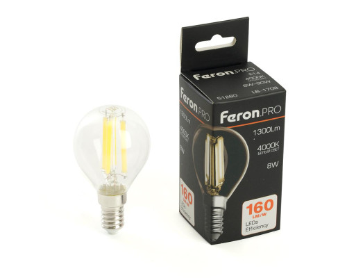Лампа светодиодная Feron.PRO LB-1708 Шарик E14 1300LM 8W 175-265V 4000K 51260 Лампа светодиодная Feron.PRO LB-1708 Шарик E14 1300LM 8W 175-265V 4000K 51260