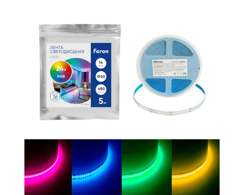 Светодиодная лента Feron 14W/m 480LED/m COB RGB 5М LS531 48946 Светодиодная лента Feron 14W/m 480LED/m COB RGB 5М LS531 48946