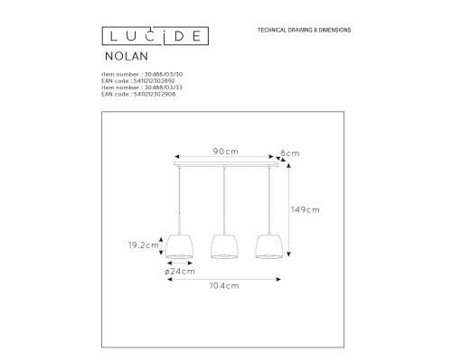 Подвесной светильник Lucide Nolan 30488/03/33 Подвесной светильник Lucide Nolan 30488/03/33