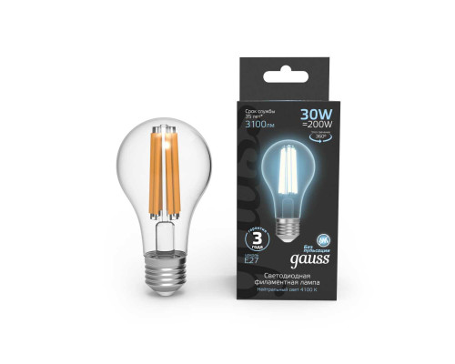Лампа светодиодная филаментная Gauss E27 30W 4100K прозрачная 102902230
