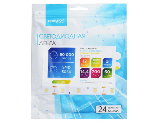Светодиодная лента Apeyron 14,4W/m 60LED/m 5050SMD холодный белый/теплый белый 5M 00-116
