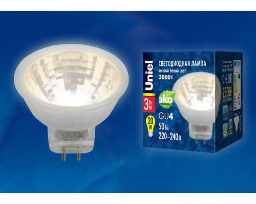 Лампа светодиодная Uniel GU4 3W 3000K прозрачная LED-MR11-3W/WW/GU4/220V GLZ21TR UL-00001702 Лампа светодиодная Uniel GU4 3W 3000K прозрачная LED-MR11-3W/WW/GU4/220V GLZ21TR UL-00001702