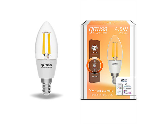 Лампа светодиодная диммируемая филаментная Gauss Smart Home Filament E14 4,5W 2700K прозрачная 1230112