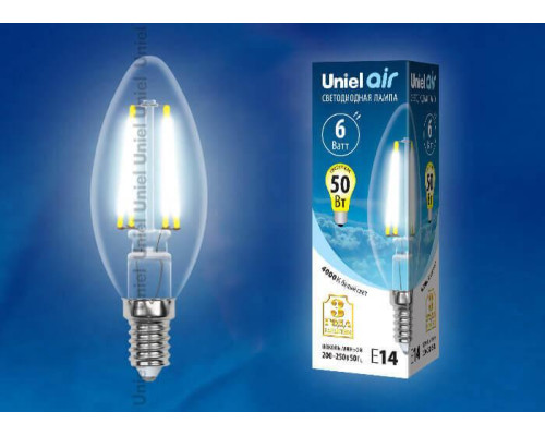 Лампа светодиодная филаментная Uniel E14 6W 4000K прозрачная LED-C35-6W/NW/E14/CL GLA01TR UL-00002198 Лампа светодиодная филаментная Uniel E14 6W 4000K прозрачная LED-C35-6W/NW/E14/CL GLA01TR UL-00002198