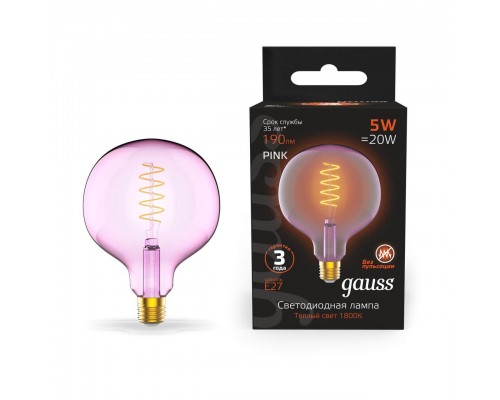 Лампа светодиодная диммируемая филаментная Gauss E27 5W 1800K розовая 1011802105 Лампа светодиодная диммируемая филаментная Gauss E27 5W 1800K розовая 1011802105
