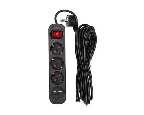 Удлинитель STANDARD 3 гнезда, 5м, 3х1,0мм?, с/з, с выключателем, 2 USB, черный REXANT 13-4023 Удлинитель STANDARD 3 гнезда, 5м, 3х1,0мм?, с/з, с выключателем, 2 USB, черный REXANT 13-4023