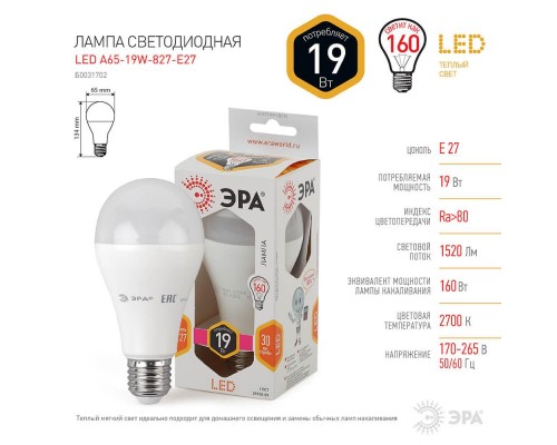 Лампа светодиодная ЭРА E27 19W 2700K матовая LED A65-19W-827-E27 Б0031702