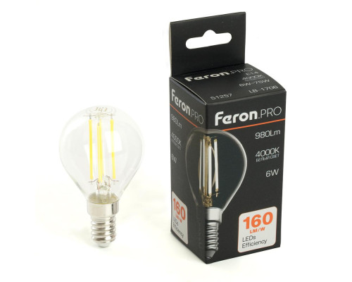 Лампа светодиодная Feron.PRO LB-1706 Шарик E14 980LM 6W 175-265V 4000K 51257 Лампа светодиодная Feron.PRO LB-1706 Шарик E14 980LM 6W 175-265V 4000K 51257