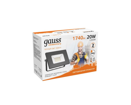 Прожектор светодиодный Gauss Elementary 20W 3000К 613527120 Прожектор светодиодный Gauss Elementary 20W 3000К 613527120