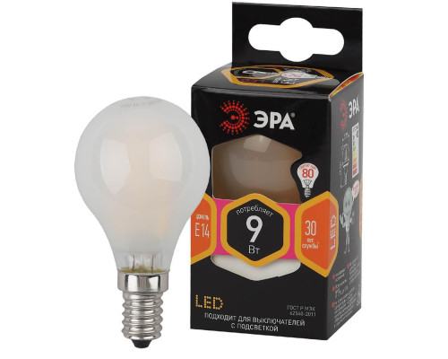 Лампа светодиодная филаментная ЭРА E14 9W 2700K матовая F-LED P45-9w-827-E14 frost Б0047021 Лампа светодиодная филаментная ЭРА E14 9W 2700K матовая F-LED P45-9w-827-E14 frost Б0047021