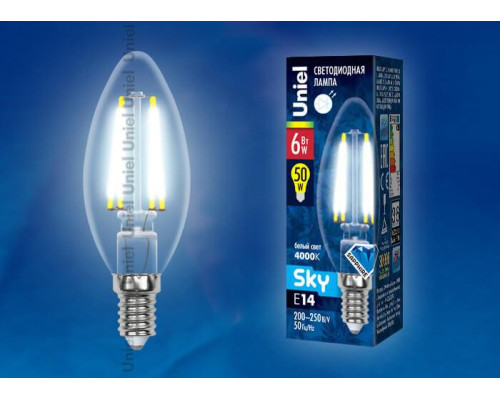 Лампа светодиодная филаментная Uniel E14 6W 4000K прозрачная LED-C35-6W/NW/E14/CL PLS02WH UL-00001373
