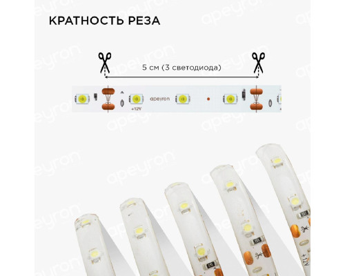 Светодиодная влагозащищенная лента Apeyron 4,8W/m 60LED/m 3528SMD холодный белый 2,5M 10-20