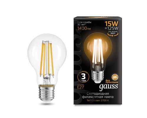 Лампа светодиодная филаментная Gauss E27 15W 2700K прозрачная 102902115 Лампа светодиодная филаментная Gauss E27 15W 2700K прозрачная 102902115