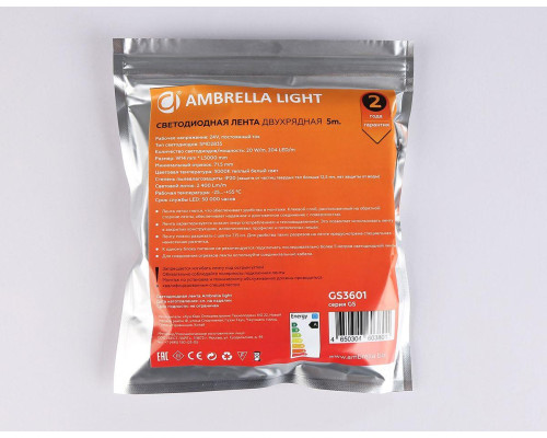 Светодиодная лента Ambrella Light 20W/m 204LED/m 2835SMD теплый белый 5M GS3601 Светодиодная лента Ambrella Light 20W/m 204LED/m 2835SMD теплый белый 5M GS3601