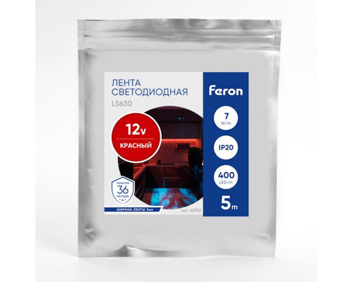 Светодиодная лента Feron 7W/m 400LED/m COB красный 5М LS630 48952