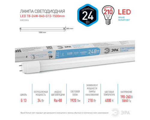 Лампа светодиодная ЭРА G13 24W 4000K матовая LED T8-24W-840-G13-1500mm Б0033006 Лампа светодиодная ЭРА G13 24W 4000K матовая LED T8-24W-840-G13-1500mm Б0033006