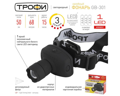 Налобный светодиодный фонарь ЭРА Трофи Моно от батареек 50 лм GB-301 Б0030187 Налобный светодиодный фонарь ЭРА Трофи Моно от батареек 50 лм GB-301 Б0030187