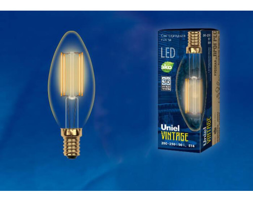 Лампа светодиодная филаментная Uniel E14 5W 2250K прозрачная LED-C35-5W/GOLDEN/E14 GLV21GO UL-00002396 Лампа светодиодная филаментная Uniel E14 5W 2250K прозрачная LED-C35-5W/GOLDEN/E14 GLV21GO UL-00002396