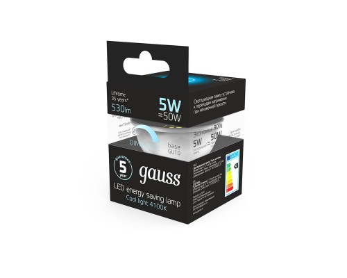 Лампа светодиодная диммируемая Gauss GU10 5W 4100K матовая 101506205-D Лампа светодиодная диммируемая Gauss GU10 5W 4100K матовая 101506205-D