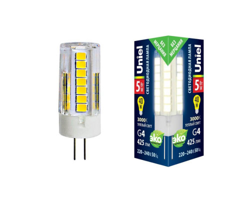 Лампа светодиодная Uniel G4 5W 3000K прозрачная LED-JC-220/5W/3000K/G4/CL GLZ09TR UL-00006744 Лампа светодиодная Uniel G4 5W 3000K прозрачная LED-JC-220/5W/3000K/G4/CL GLZ09TR UL-00006744