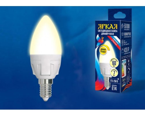 Лампа светодиодная диммируемая Uniel E14 7W 3000K матовая LED-C37 7W/3000K/E14/FR/DIM PLP01WH UL-00004296