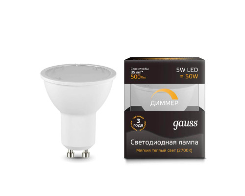 Лампа светодиодная диммируемая Gauss GU10 5W 3000K матовая 101506105-D